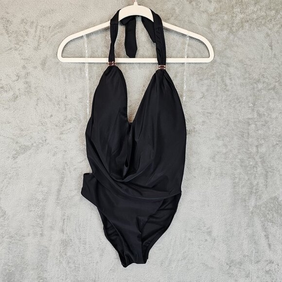 Bar III Cowl-Neck Monokini One-Piece Swimsuit Womens Size XS Black Halter Padded - Picture 4 of 8